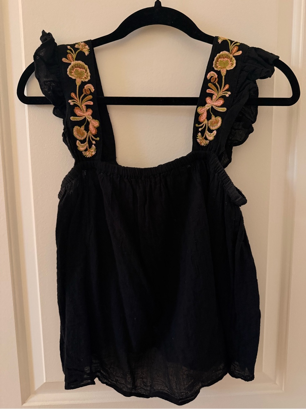 Madewell Black Tank Top with Pink & Green Floral Embroidered Straps